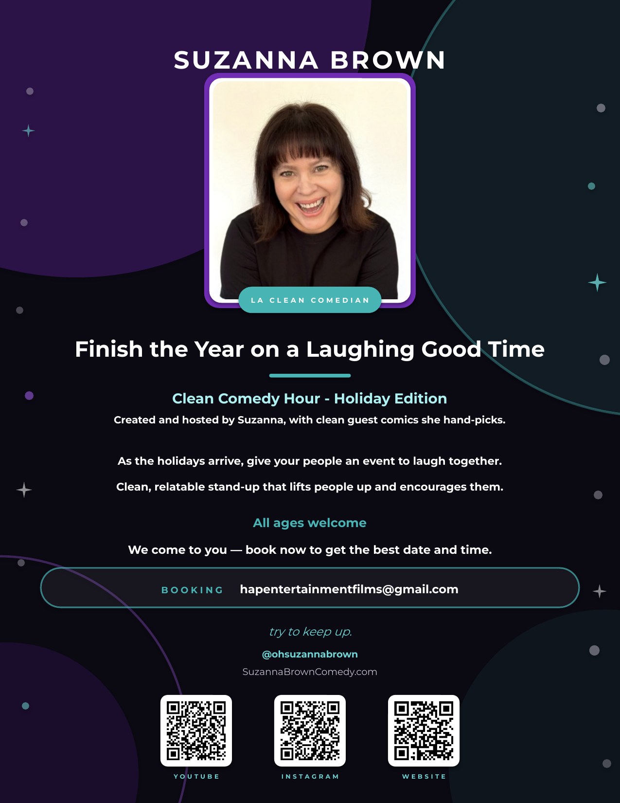 Finish the Year on a Laughing Good Time — Clean Comedy Hour Holiday Edition with Suzanna Brown. Clean, relatable stand-up. All ages welcome.