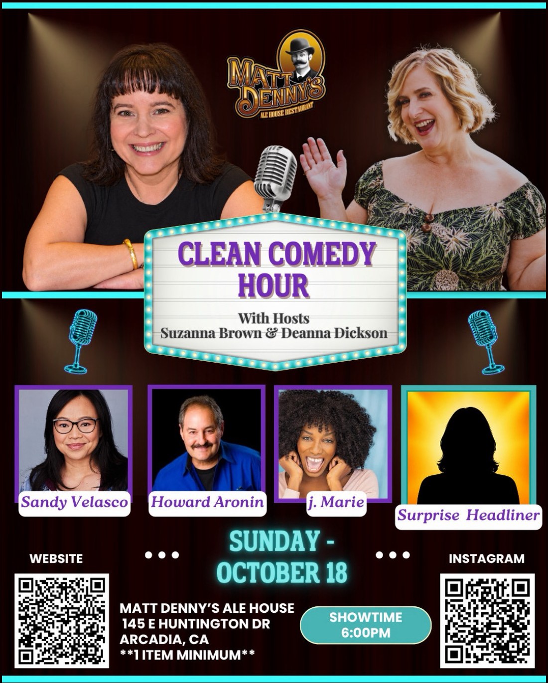 Clean Comedy Hour with Suzanna Brown and Deanna Dickson — Sunday October 18, 2026 at Matt Denny's Ale House, Arcadia CA