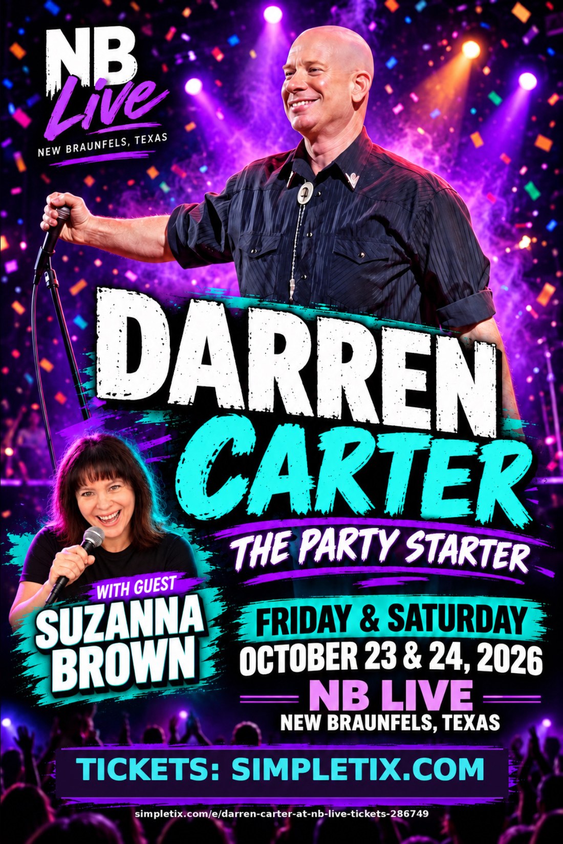 Darren Carter: The Party Starter with guest Suzanna Brown — Friday and Saturday October 23 and 24, 2026 at NB Live, New Braunfels, Texas